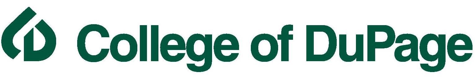 College of DuPage logo and wordbrand. All elements are a dark green color. The logo consists of a stylized "C" and "D" forming the shaope of a leaf.