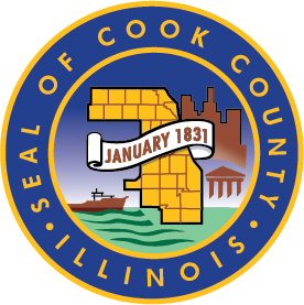 Seal of Cook County Illinois including map of communities and a banner reading January 1831