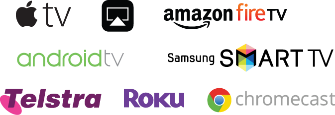 Icons for Apple tv, Apple AirPlay, Amazon Fire TV, android tv, Samsung Smart TV, Telstra, Roku, and chromecast