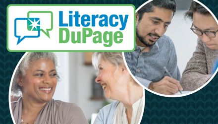 Literacy DuPage logo in upper left corner, two circles with white outlines framing photos of tutoring pairs. Dark blue book pattern in the background.