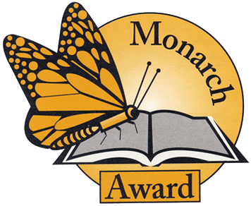 Monarch Award logo, consisting of a monarch butterfly landing on an open book. Logo in orange and black.