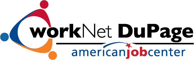 workNet DuPage logo, a triangle shape composed of three interlinked stylized figures, one red, one blue, and one yellow. The wordbrand workNet DuPage American job center to the right of the logo, colored black, blue and red.